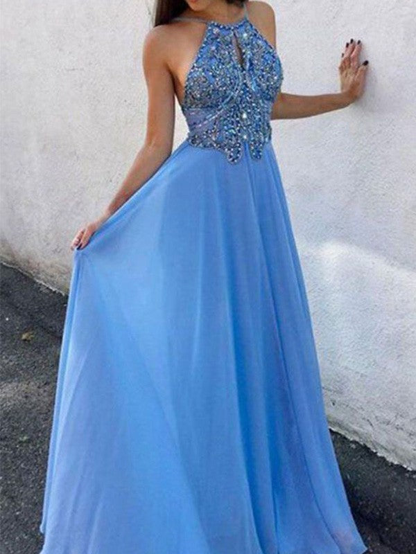 Gorgeous Chiffon Beading Halter Sleeveless Long Prom Dress