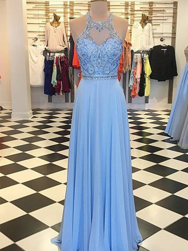 Gorgeous Chiffon Beading Halter Sleeveless Long Prom Dress