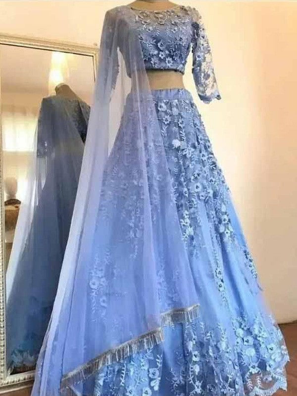 Elegant Tulle Ball Dress Appliques Scoop 3/4 Sleeves Long Two Piece Prom Dress