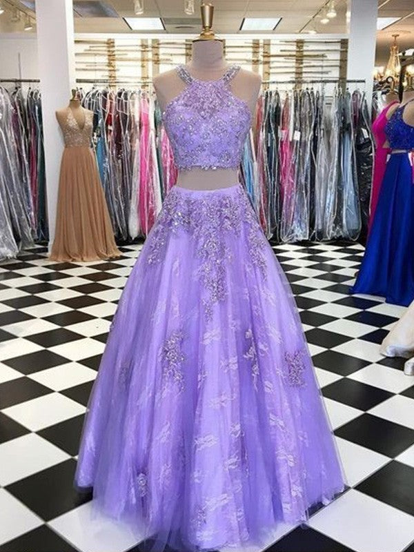 Gorgeous Tulle Beading Halter Sleeveless Long Two Piece Prom Dress