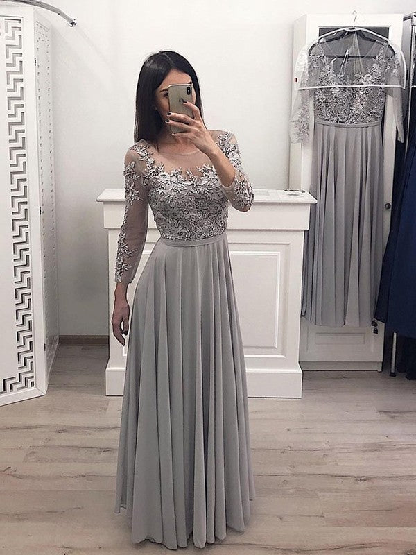 Gorgeous Chiffon With Appliques Scoop Long Sleeves Long Prom Dress