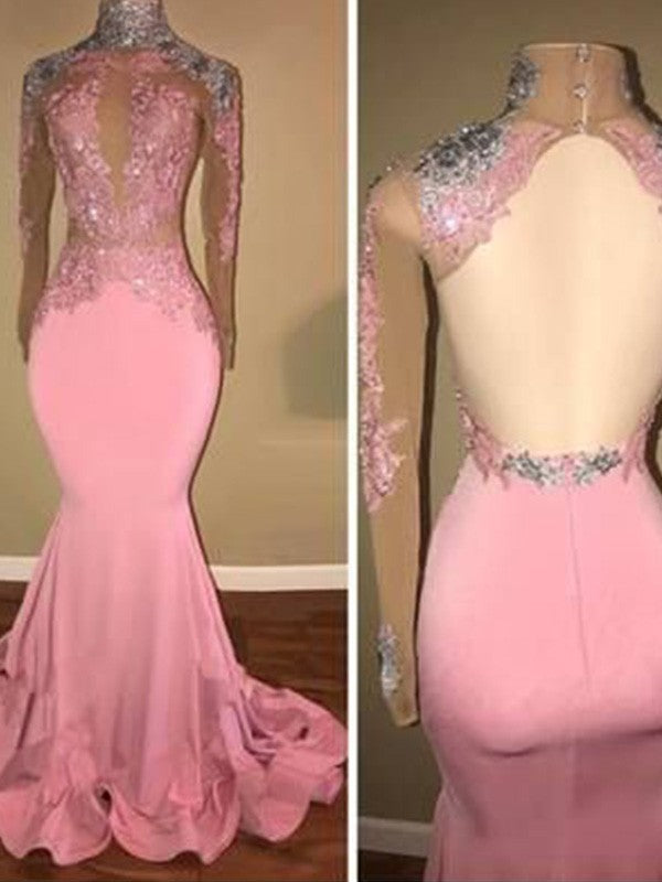 Chic Mermaid High Neck Jersey With Appliques Long Sleeves  Prom Dress