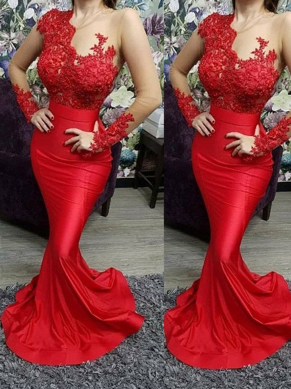 Chic Mermaid With Appliques Scoop Satin  Long Sleeves Prom Dress