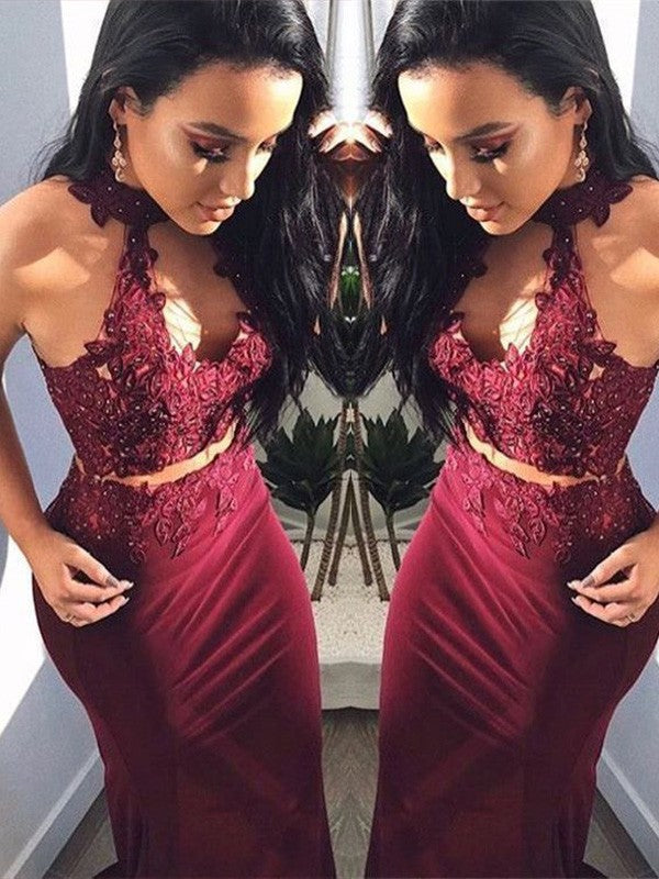 Fabulous Sheath With Appliques Halter Sleeveless Long Spandex Two Piece Prom Dress