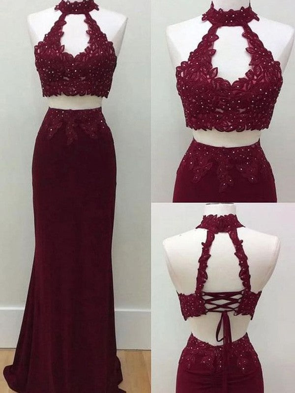 Fabulous Sheath With Appliques Halter Sleeveless Long Spandex Two Piece Prom Dress