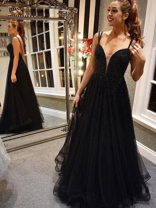 Gorgeous Tulle Beading Long Sleeveless Prom Dress