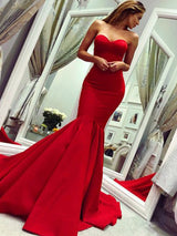 Chic Mermaid Ruffles Strapless Court Train Satin Sleeveless Prom Dress