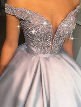 Ball Gown Beading Satin Off-the-Shoulder Sleeveless Long Prom Dress