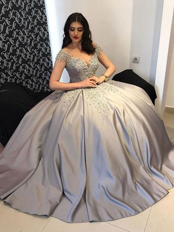 Ball Gown Satin Off-the-Shoulder Sleeveless Beading  Prom Dress