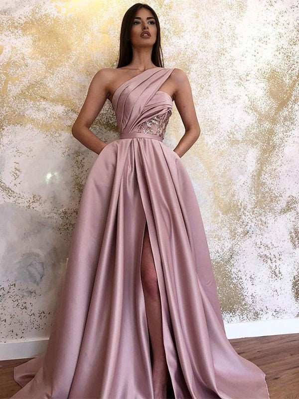 Gorgeous Satin Sleeveless Ruched One-Shoulder  Prom Dress