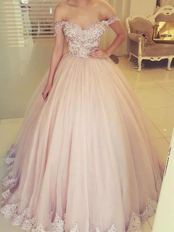 Ball Gown Off-the-Shoulder Long Sleeveless Tulle With Appliques Prom Dress