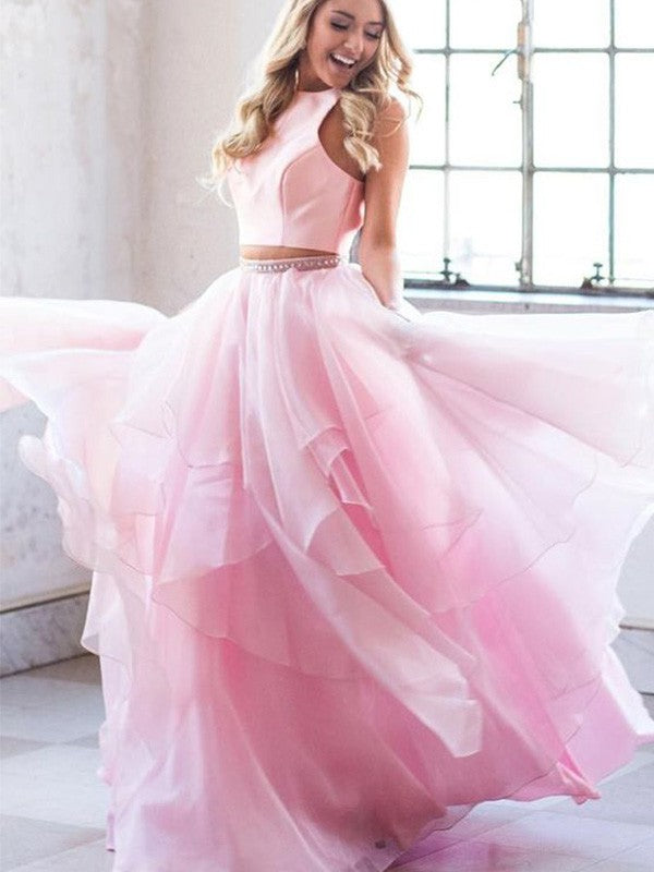 Gorgeous Beading Scoop Tulle Sleeveless Long Two Piece Prom Dress