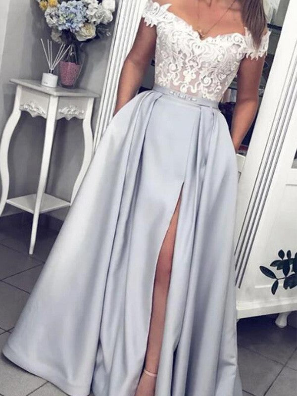 Gorgeous Satin Lace Sleeveless Off-the-Shoulder Long Prom Dress