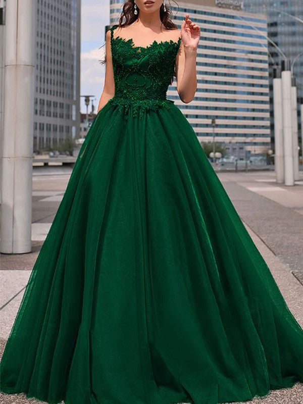 Gorgeous Bateau Tulle Beading Long Sleeveless Prom Dress