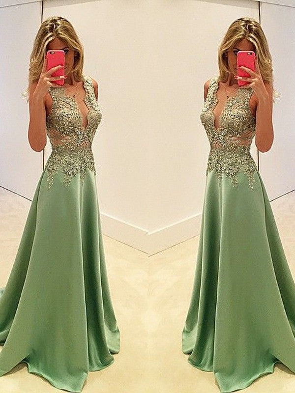 Gorgeous V-neck  Sleeveless Satin With Appliques Prom Dress