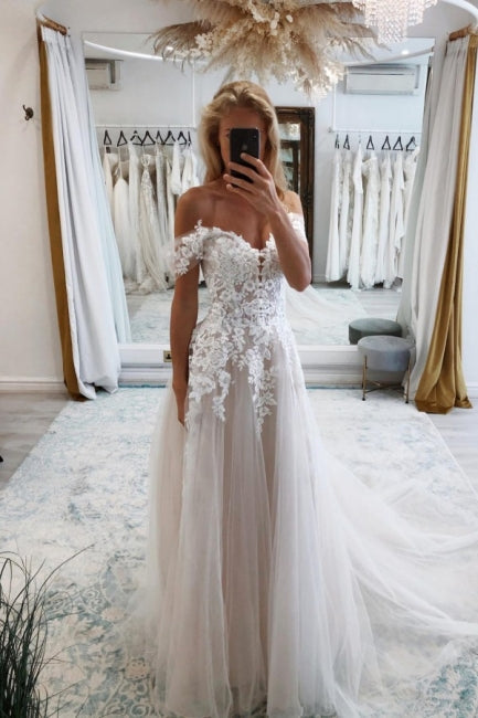 Chic Sweetheart Off-the-Shoulder Cap Sleeves Long Lace Bridal Gowns On Sale