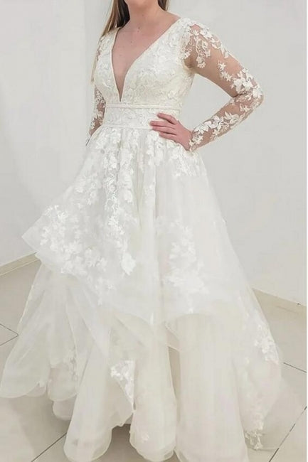 Classy Long Sleeves V-Neck Garden Lace A-Line Wedding Dresses