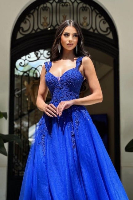 Royal Long Blue Sleeveless Ball Dresses A-line Lace Evening Gown