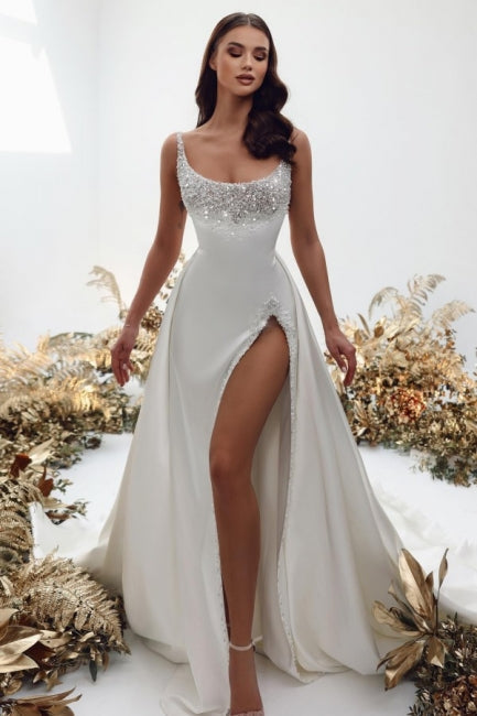 Modest square Sleeveless Long Bridal Gowns On Sale With pearls