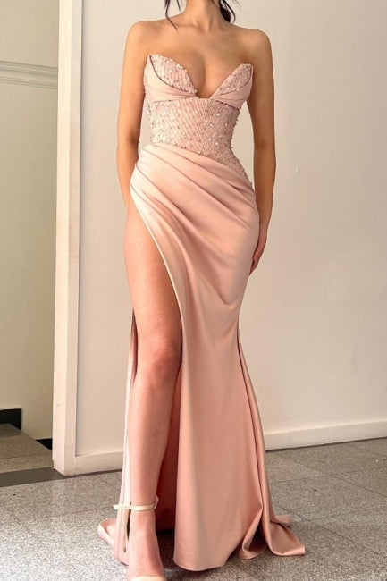 Amazing Peach V-neck Mermaid Evening Gown Long Classic Ball Dresses With Split Online