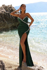 Modest Dark Green Long Mermaid Sleeveless Prom Dress With Slit