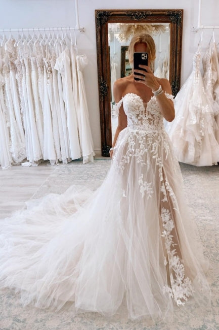 Modest Sweetheart Off-the-Shoulder Cap Sleeves Long Lace Bridal Gowns On Sale