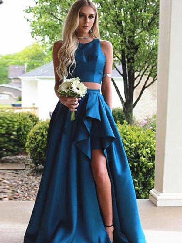 Sleeveless Amazing  Scoop Ruffles Satin Two Piece Prom Dress