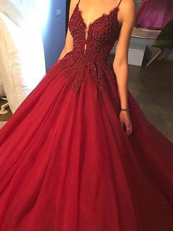 Ball Gown Sleeveless  Spaghetti-Straps With Appliques Tulle Prom Dress