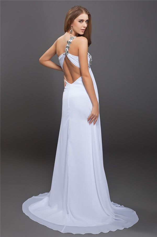 Gorgeous One-Shoulder Sequin Lace Sleeveless Long Evening Dress Chiffon