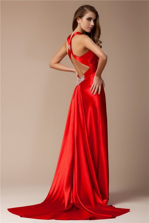 Elegant V-Neck Sleeveless Long Elastic Woven Elegant Evening Dress