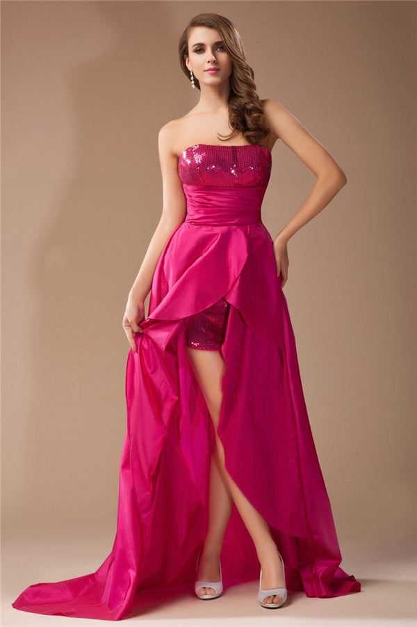 Gorgeous Strapless Sequin Lace Sleeveless Hi-Lo Evening Dress