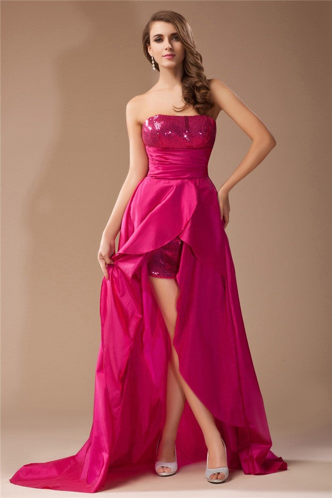 Gorgeous Strapless Sequin Lace Sleeveless Hi-Lo Evening Dress