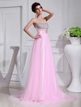 Gorgeous Beading Sleeveless Elastic Woven Satin Tulle Prom Dress