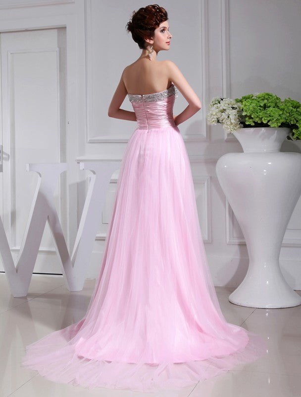 Gorgeous Beading Sleeveless Elastic Woven Satin Tulle Prom Dress