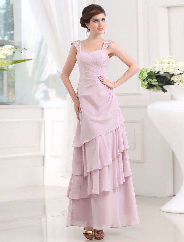 Gorgeous Beading Sleeveless Straps Layered Chiffon Long Prom Dress