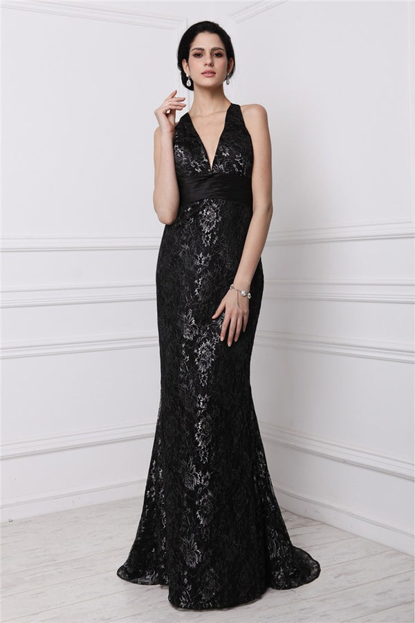 Elegant V-Neck Sleeveless Long Lace Prom Dress