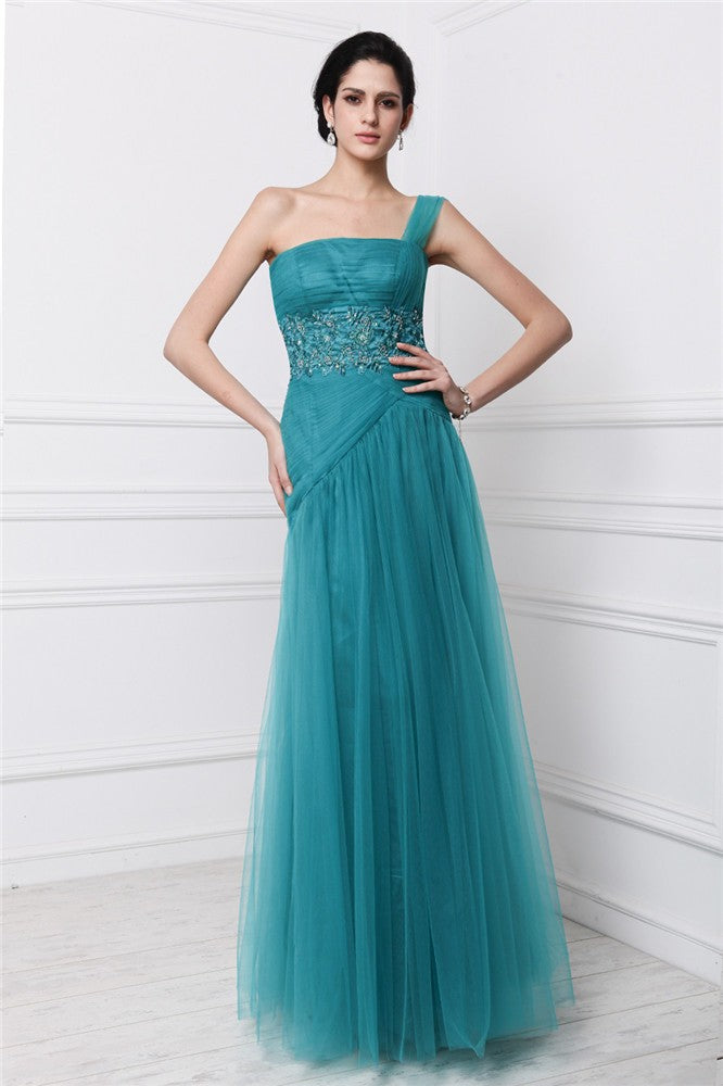 New Arrival One Shoulder Beading Sleeveless With Appliques Long Net Prom Dress