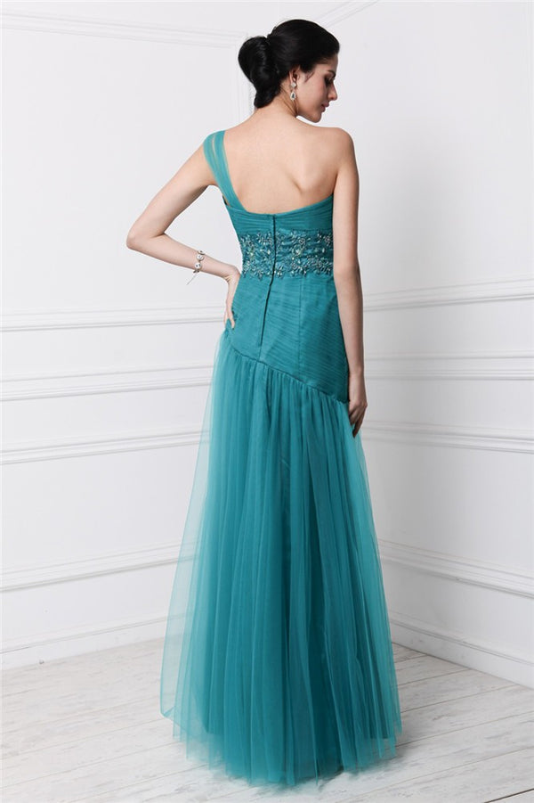 New Arrival One Shoulder Beading Sleeveless With Appliques Long Net Prom Dress