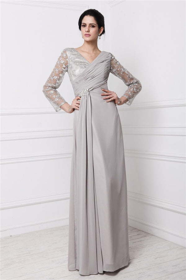 Elegant V-Neck Long Sleeves Lace Long Evening Dress Chiffon