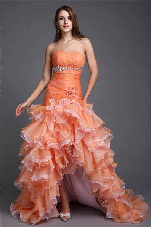 Ball Gown Strapless Beading Sleeveless Hi-Lo Organza Cocktail Prom Dress