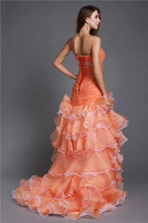 Ball Gown Strapless Beading Sleeveless Hi-Lo Organza Cocktail Prom Dress