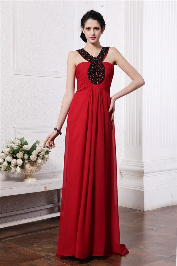 Elegant V-Neck Beading Sleeveless Long Evening Dress Chiffon