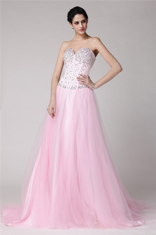 Gorgeous Sweetheart Beading Sleeveless Long Elastic Woven Satin Net Prom Dress