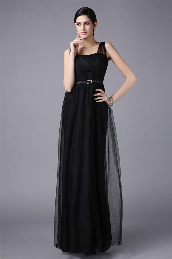 Classic Straps Sleeveless Sash Long Net Prom Dress