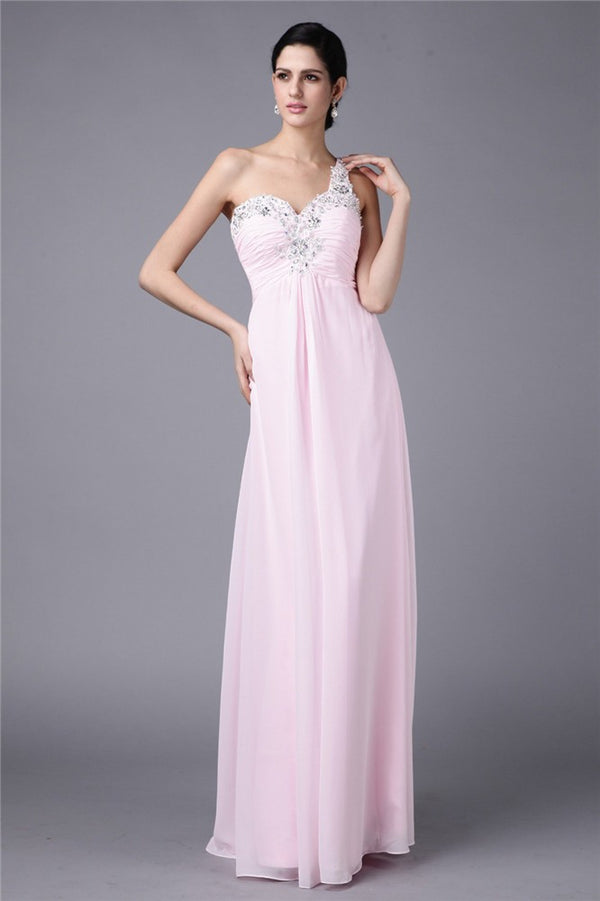 New Arrival One Shoulder Beading Sleeveless With Appliques Long Evening Dress Chiffon