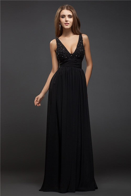 Elegant V-Neck Beading Sleeveless Lace Long Evening Dress Chiffon