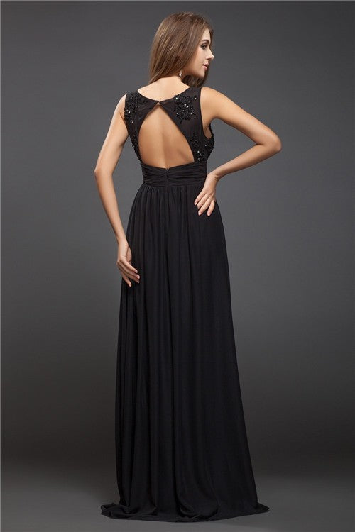 Elegant V-Neck Beading Sleeveless Lace Long Evening Dress Chiffon