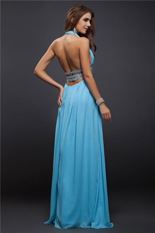 Elegant V-Neck Beading Sleeveless Long Evening Dress Chiffon