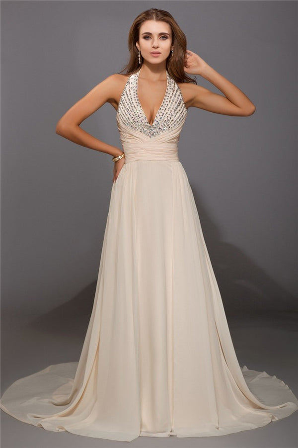 Elegant V-Neck Beading Sleeveless Long Evening Dress Chiffon