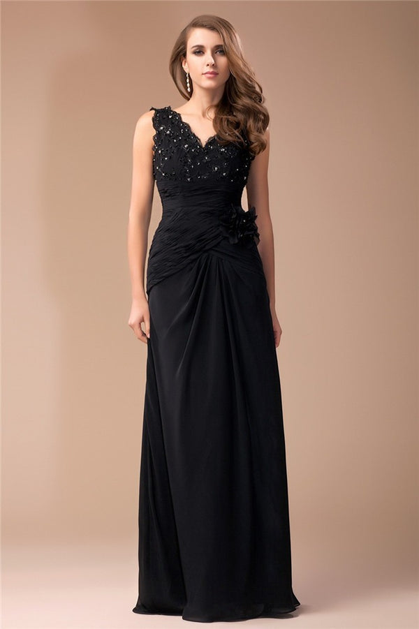 Elegant V-Neck Sleeveless Long Beading Lace Evening Dress Chiffon